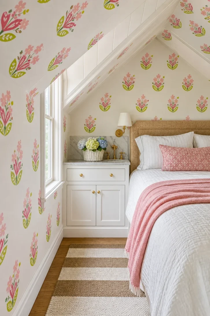 Floral Wallpaper That Wraps the Entire Sloped Ceiling