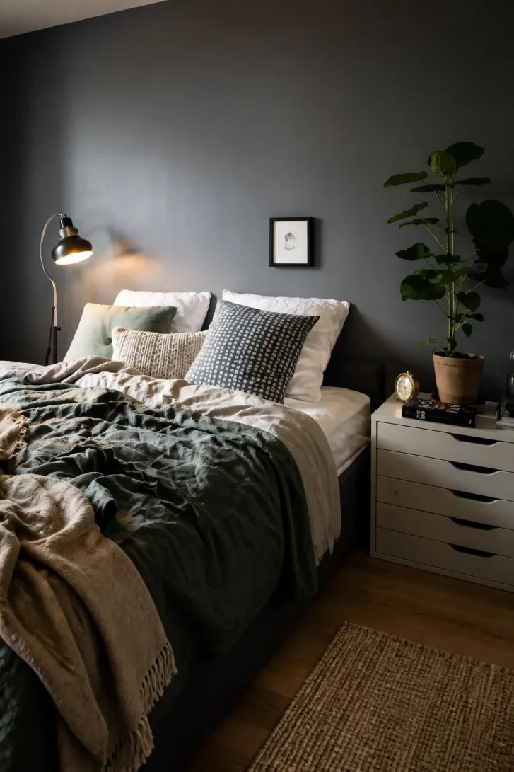 Forest Green Linen Duvet Against a Dark Grey Wall