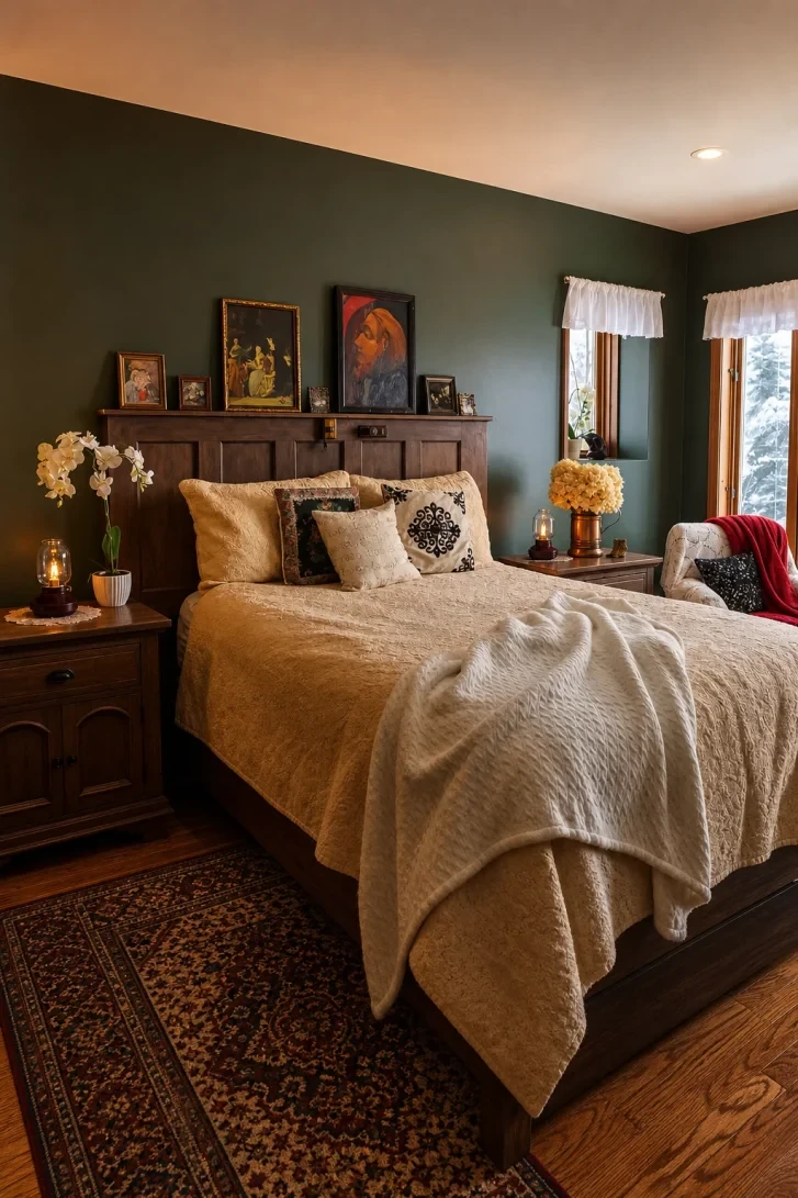 Framed Art Gallery Shelf Crowns the Headboard