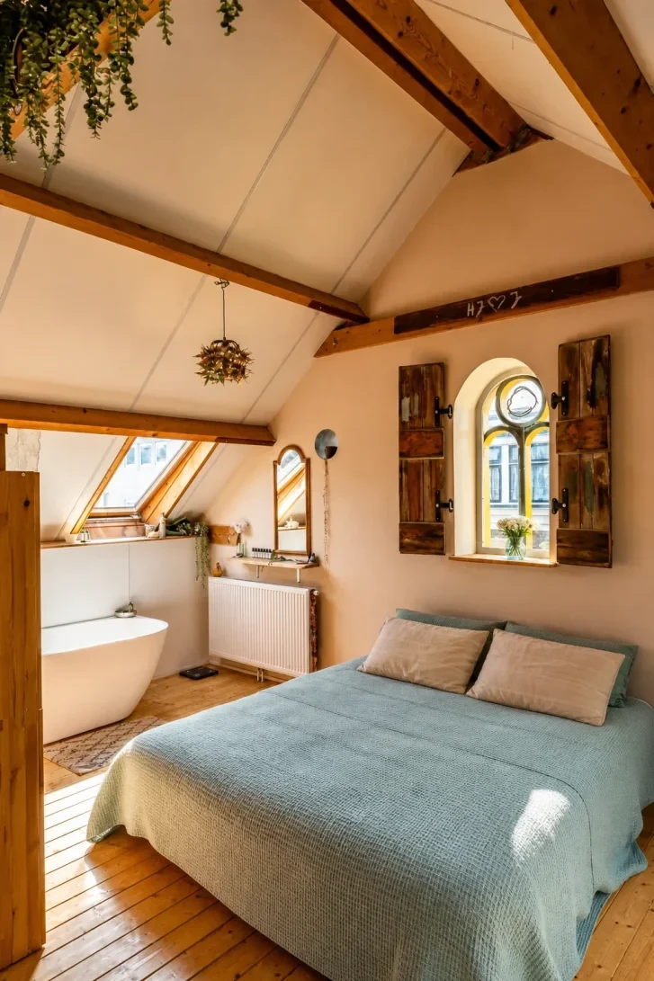 Freestanding Tub Tucked Under Skylights in the Eaves