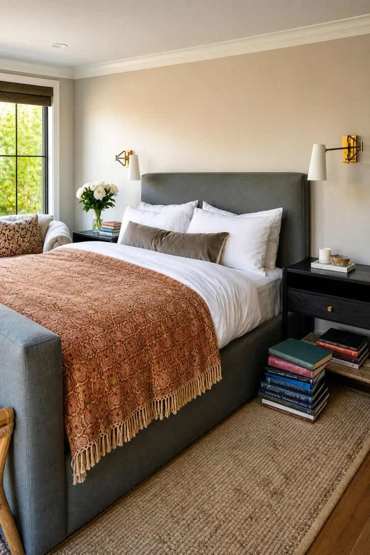Fringed Paisley Throw Draped Over Crisp White Bedding