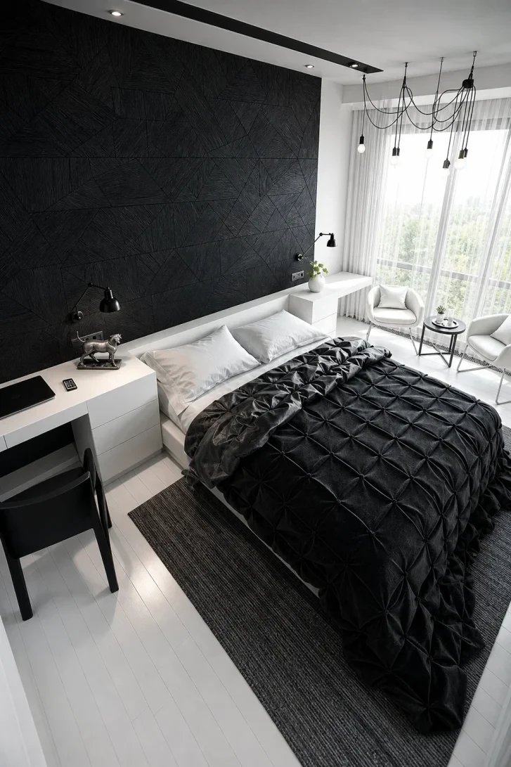 Geometric Black Accent Wall Dominates Every Sightline