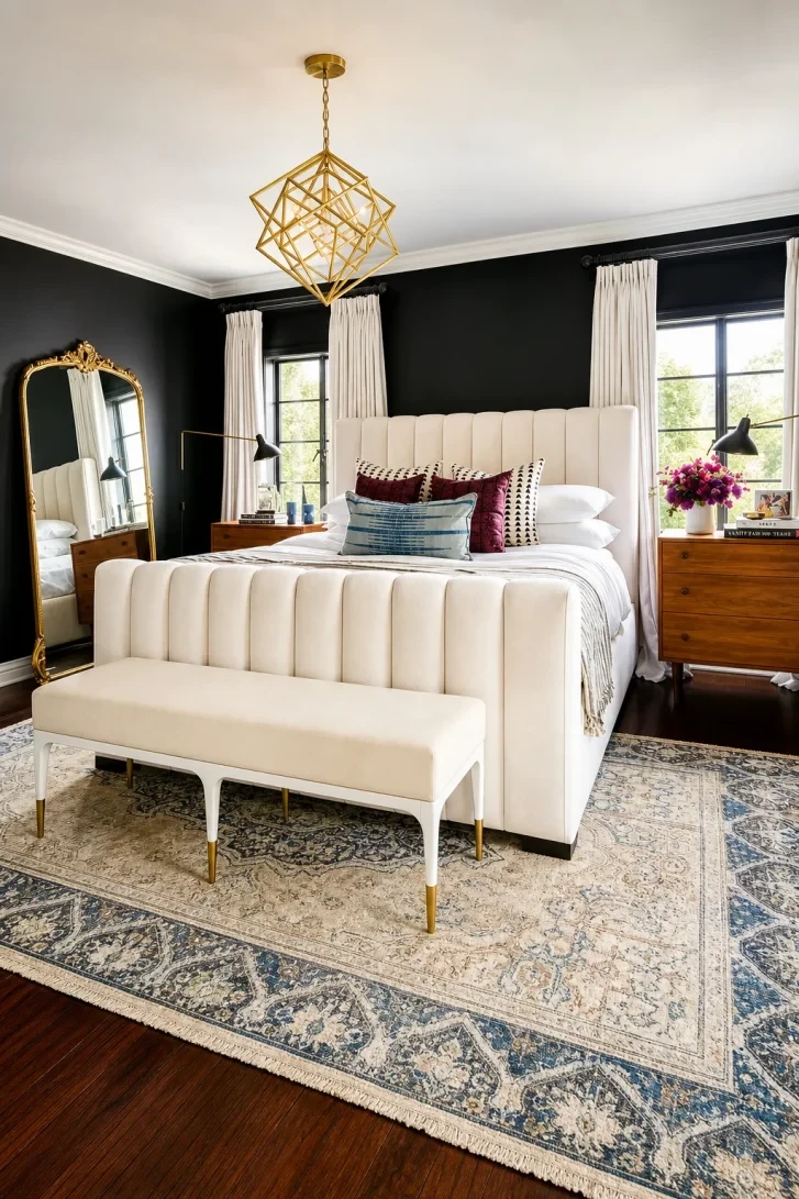Geometric Gold Chandelier Anchors a Dramatic Black Room