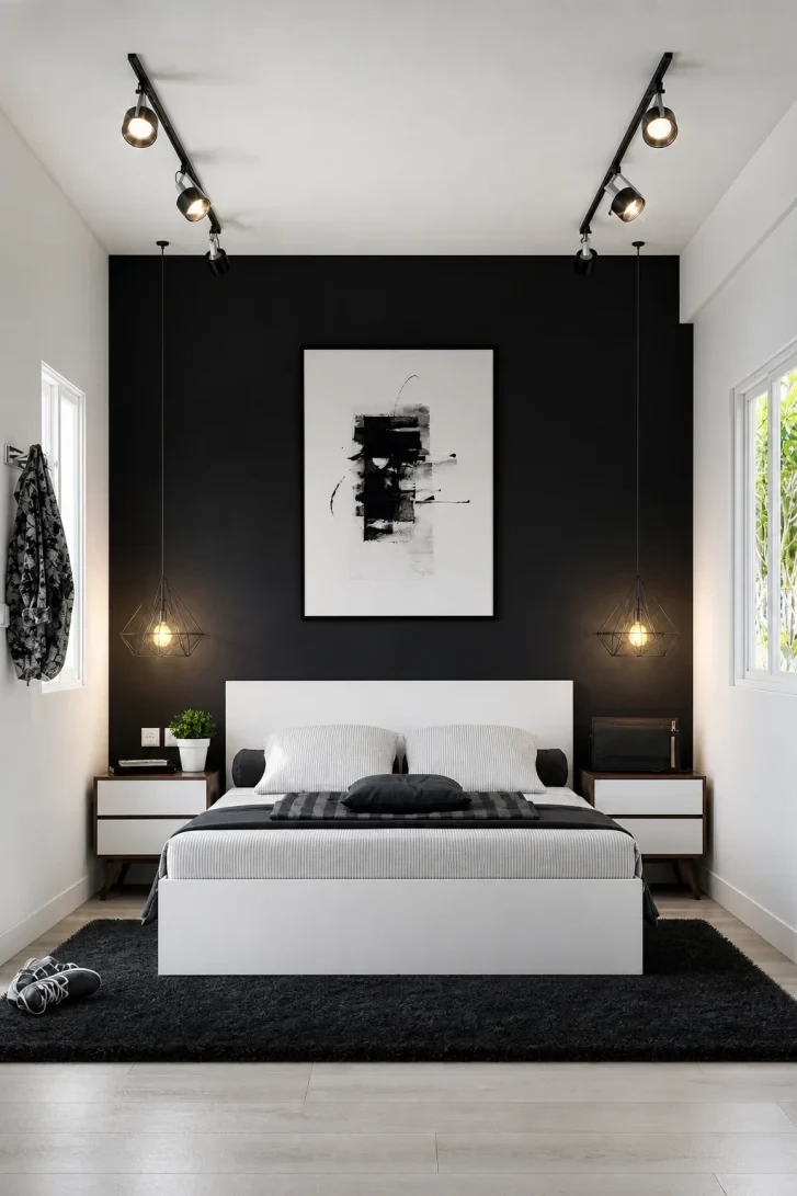 Geometric Pendant Lights Against a Black Accent Wall