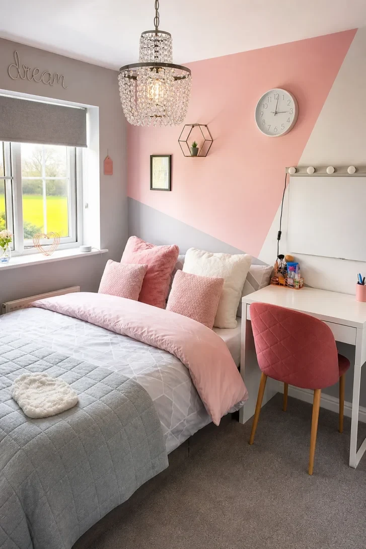 Geometric Pink Triangle Transforms a Plain Accent Wall