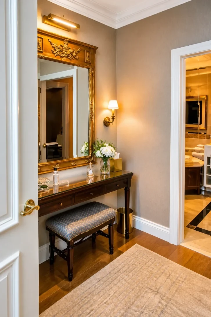Gilded Carved Mirror Turns a Narrow Alcove Regal