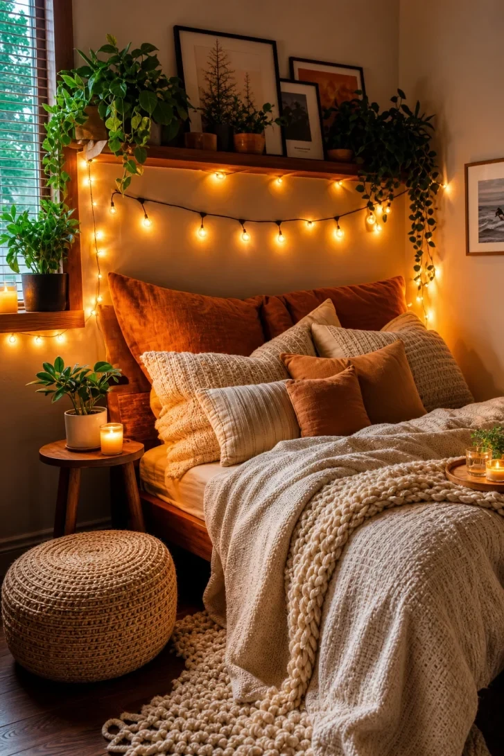 Globe String Lights Draped Over a Plant Shelf