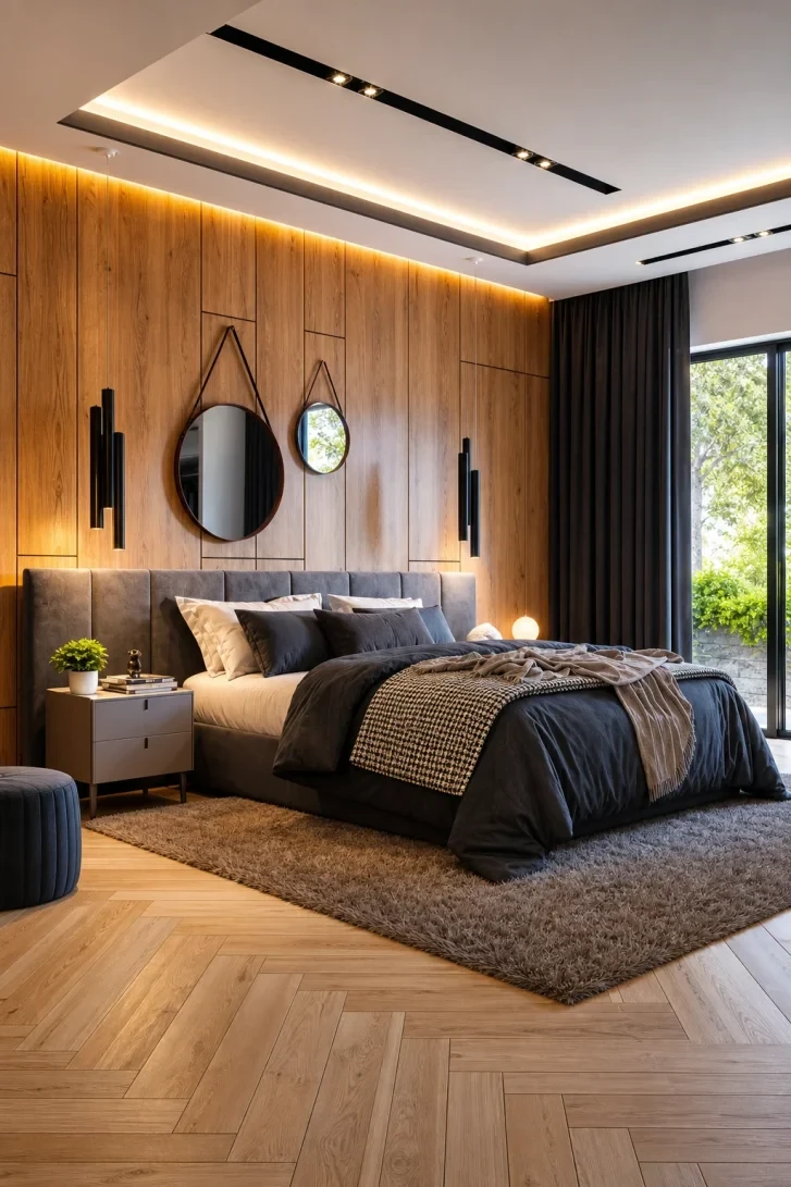 Glowing Wood Accent Wall With Dual Hanging Mirrors