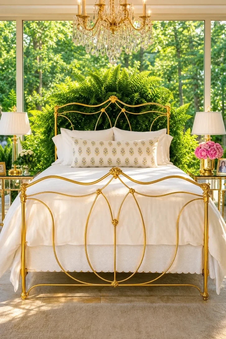 Gold Arched Headboard Framed by Living Garden Wall