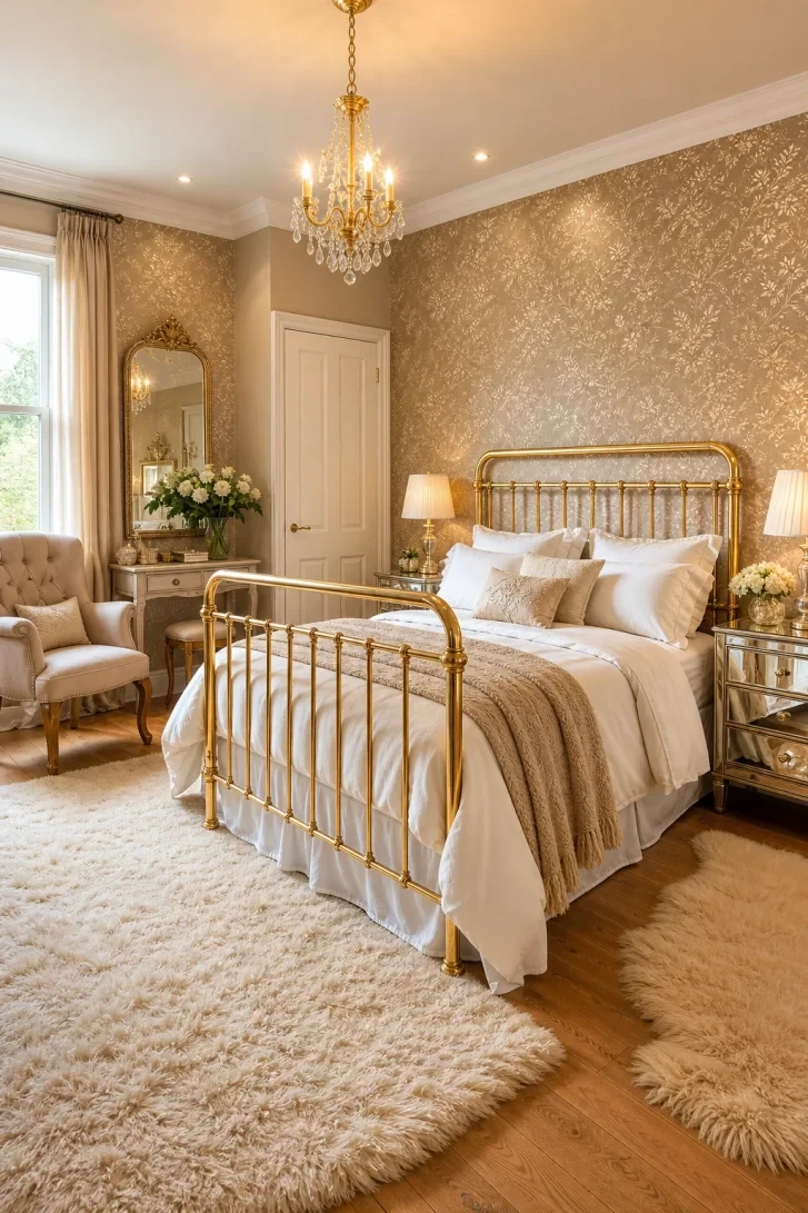 Gold Bed Frame Meets Shimmering Floral Wallpaper