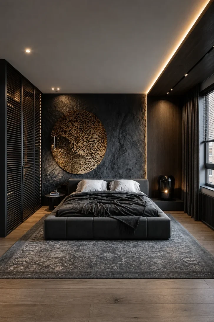 Gold Calligraphy Circle Dominates the Dark Feature Wall