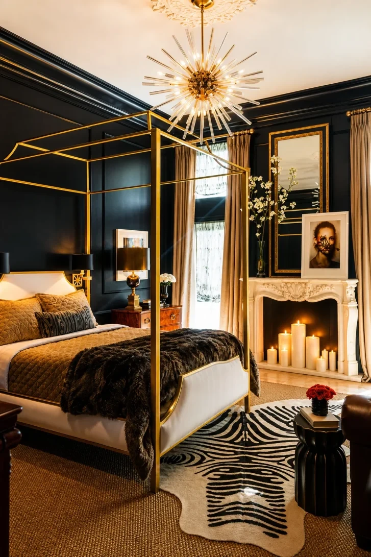 Gold Four-Poster Bed Against Glossy Black Walls