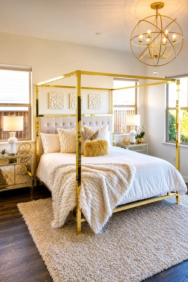 Gold Four-Poster Bed Anchors Every Glam Element