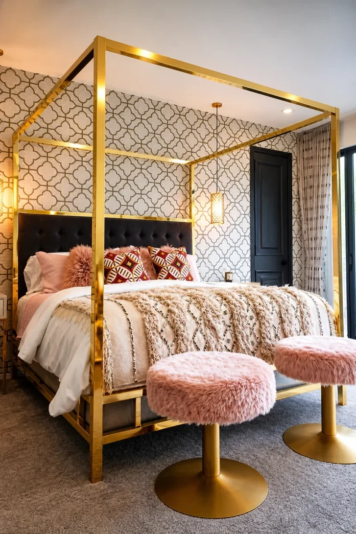 Gold Four-Poster Meets Blush Faux Fur Stools