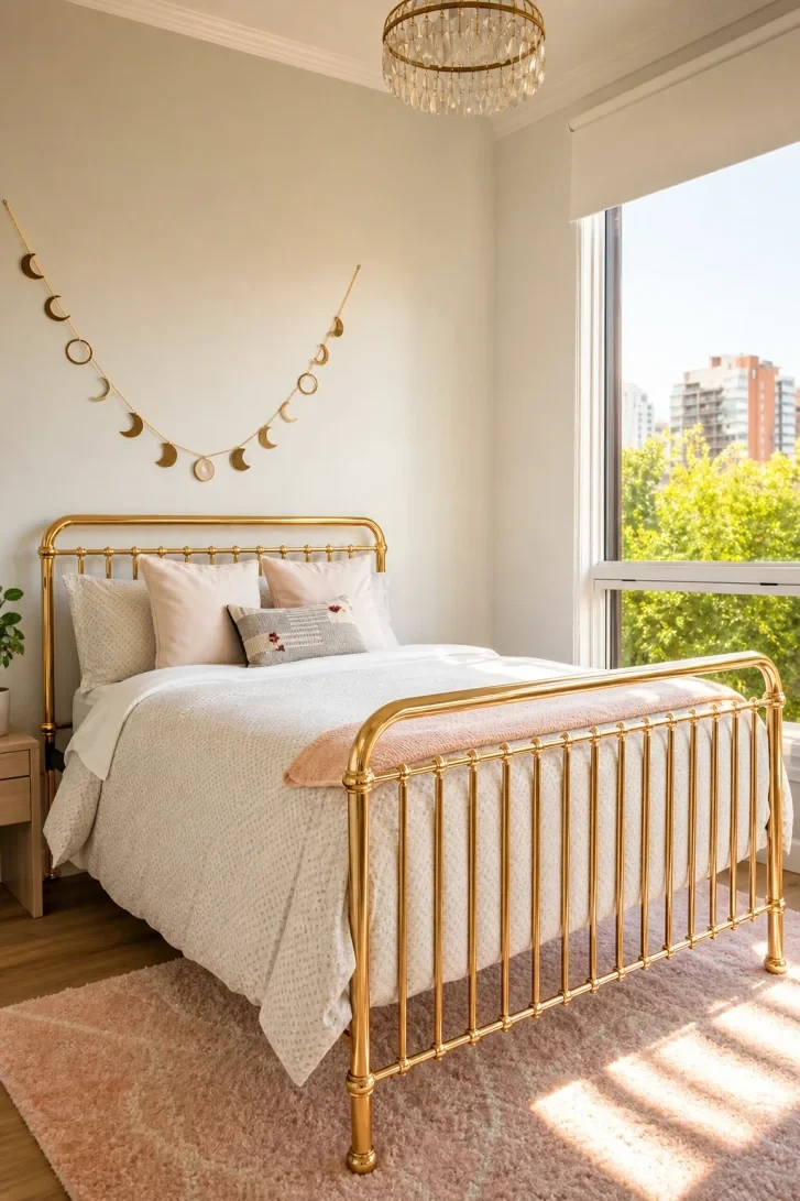 Gold Moon Phase Garland Steals the Headboard Wall
