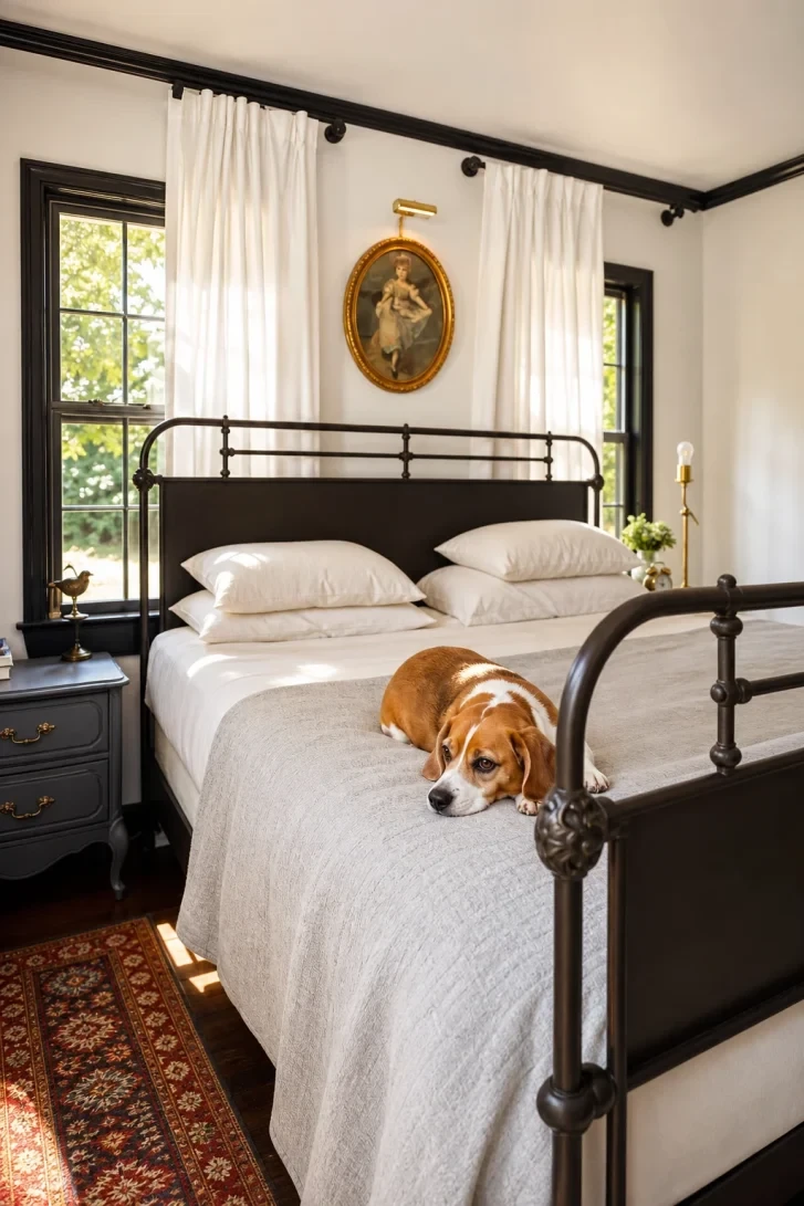 Gold Oval Portrait Above the Iron Headboard