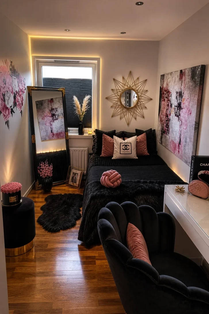 Gold Starburst Mirror Anchors This Glam Black Space
