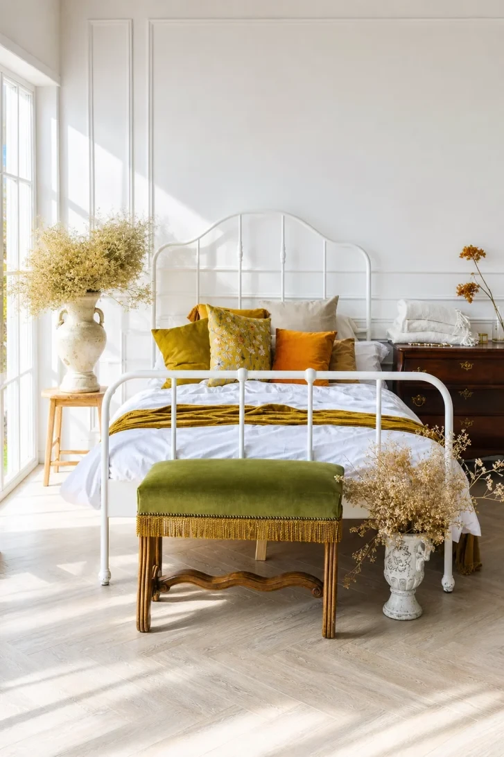 Green Velvet Fringe Bench Steals the Whole Room
