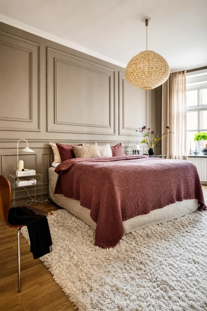 Greige Panelled Wall Meets Dusty Rose Bedding
