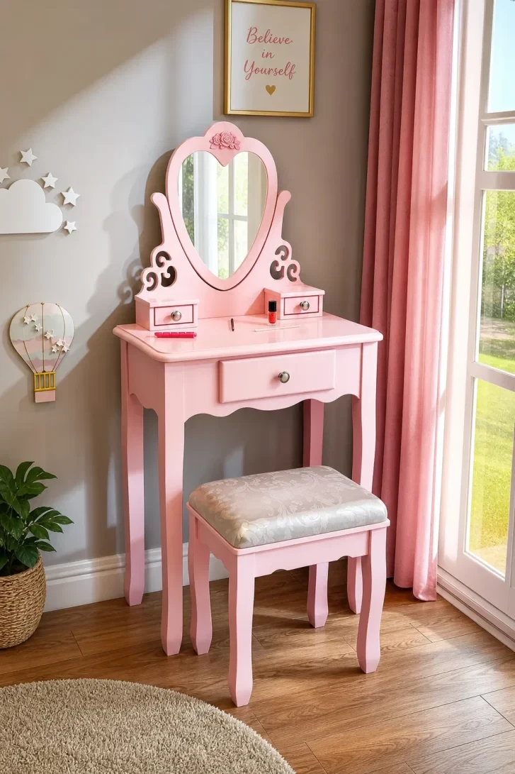 Heart-Shaped Mirror Crowns This Pink Princess Vanity
