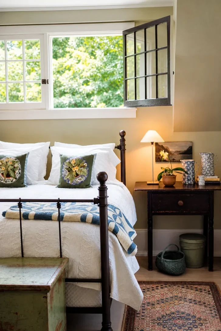 Heirloom Quilt Draped Over Dark Iron Footboard