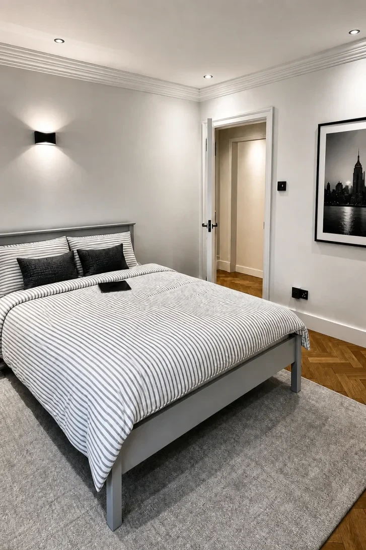 Herringbone Floor Meets Monochrome Bedroom Perfectly