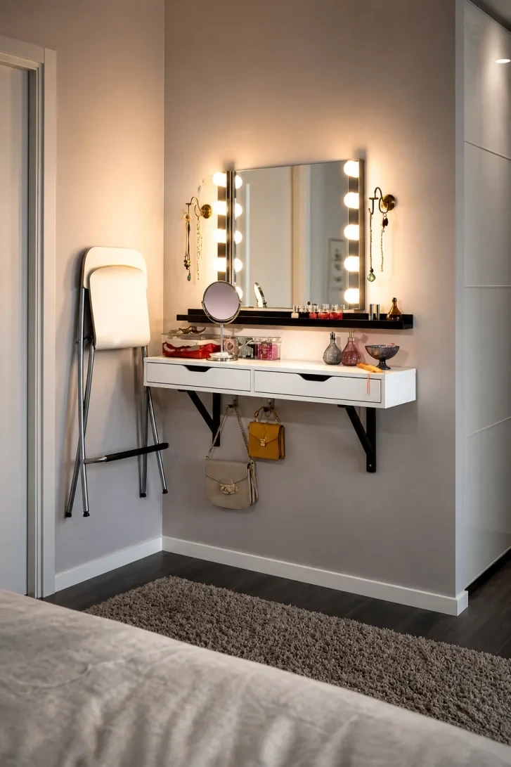 Hollywood Bulb Mirror Floats Above Two-Drawer Shelf