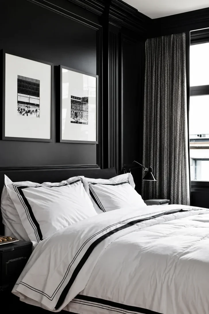 Hotel-Border Linens Against Floor-to-Ceiling Black Panelling