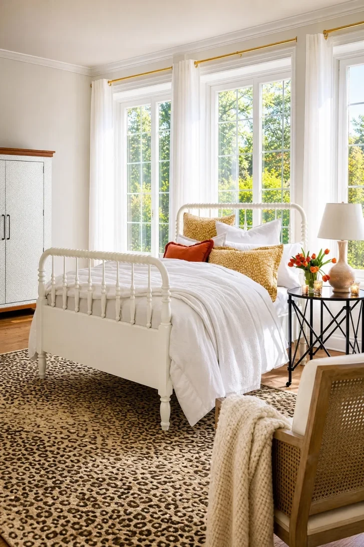 Leopard Rug Anchors an All-White Spindle Bed