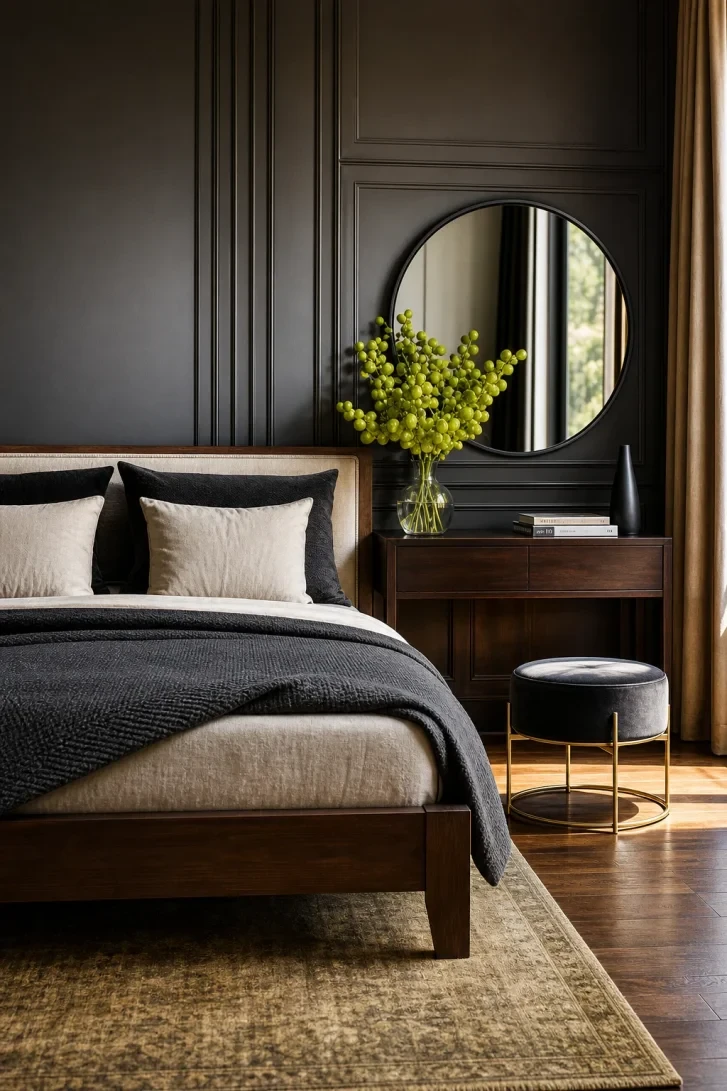 Lime Green Botanicals Electrify a Dark Wood Vanity