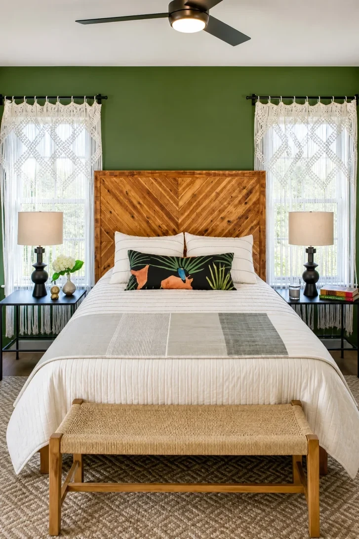 Macrame Curtains Frame a Chevron Wood Headboard