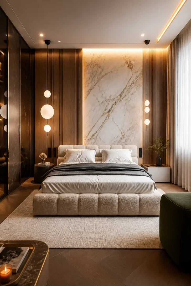 Marble Slab Headwall Framed by Warm Wood Panels