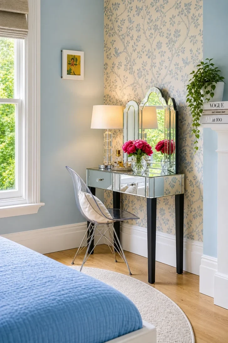 Mirrored Vanity Doubles Space Against Floral Wallpaper