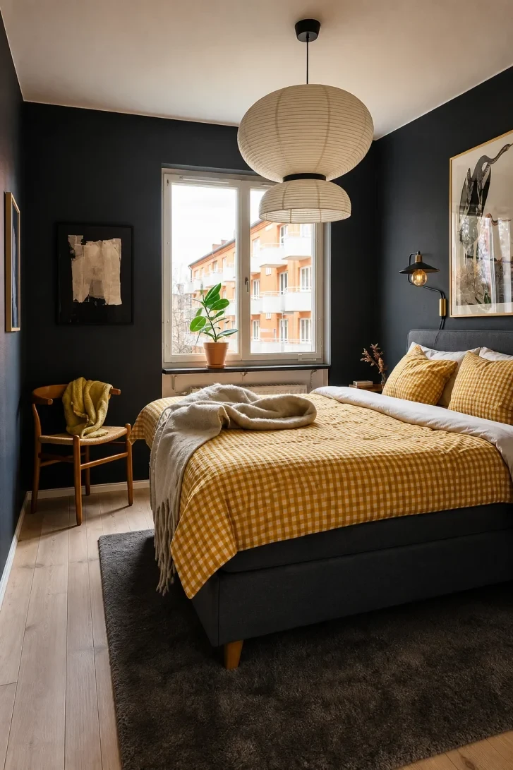 Mustard Gingham Against Charcoal Black Walls Explodes