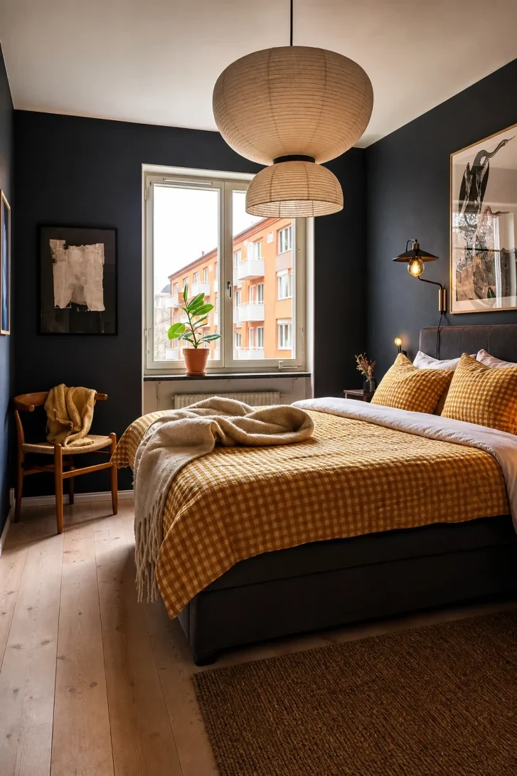 Mustard Gingham Bedding Ignites a Dark Moody Room