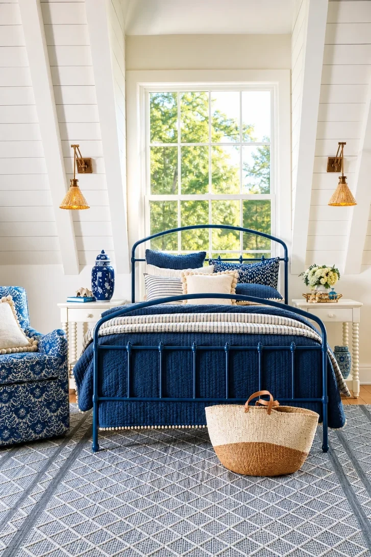 Navy Iron Bed Frame Owns the Window Backdrop