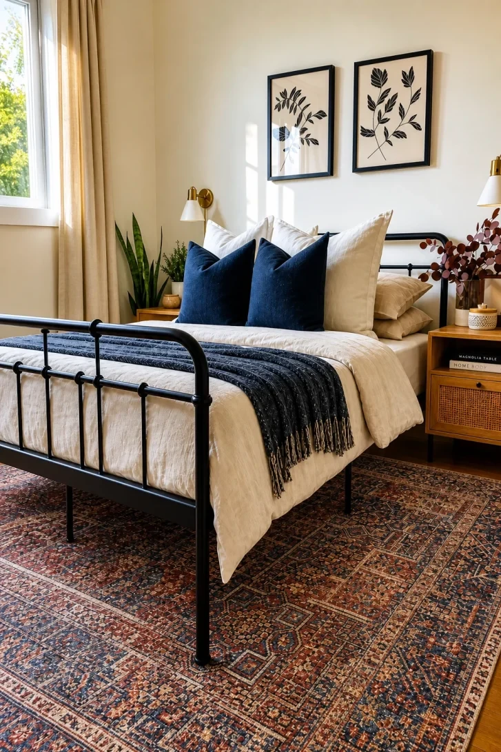 Navy Throw Anchors a Warm Neutral Palette