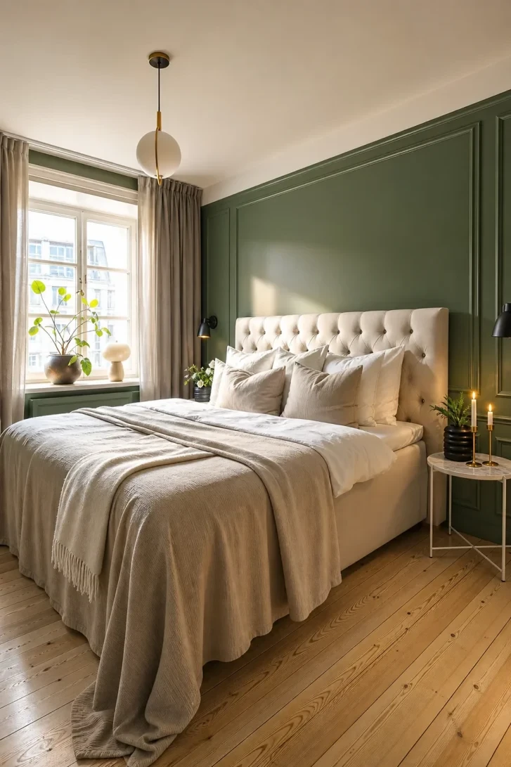 Olive Green Wainscoting Meets Cream Tufted Headboard
