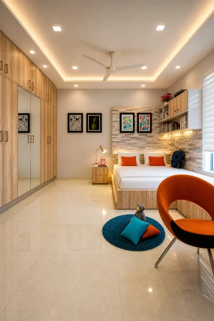 Orange Chair and Teal Rug Electrify Neutral Space