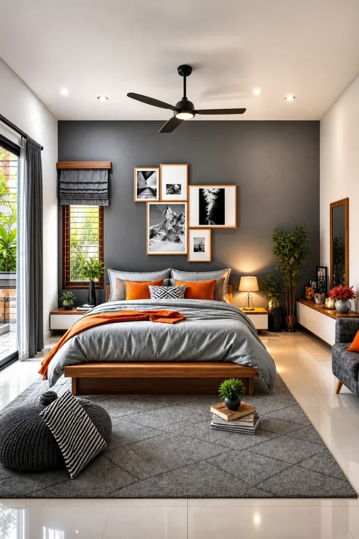 Orange Pillows Against a Dark Grey Gallery Wall