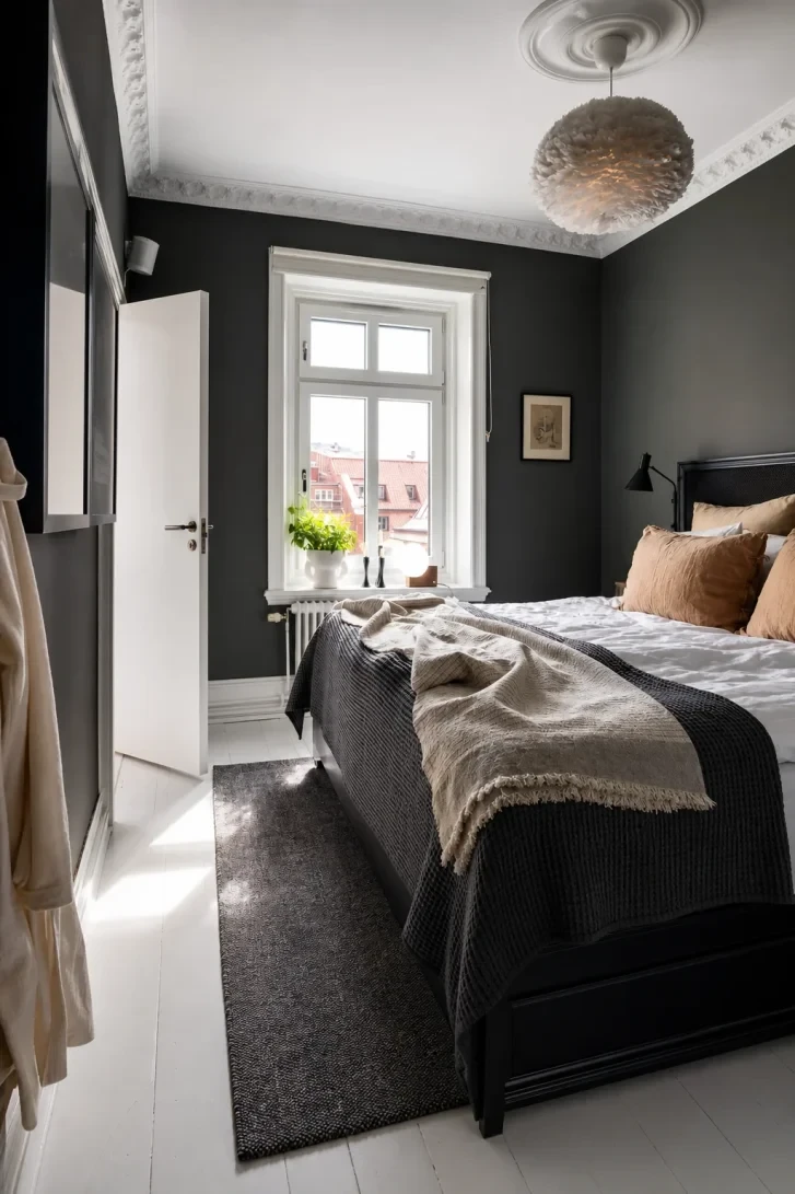 Ornate Plaster Ceiling Meets Charcoal Walls Below