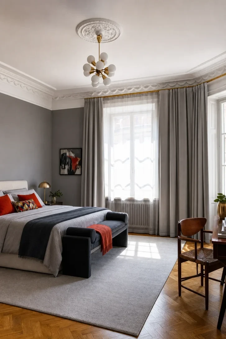 Ornate Plaster Ceiling Meets Mid-Century Brass Chandelier
