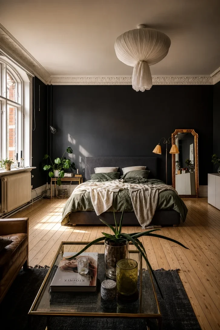 Ornate Plaster Cornice Crowns a Jet-Black Room