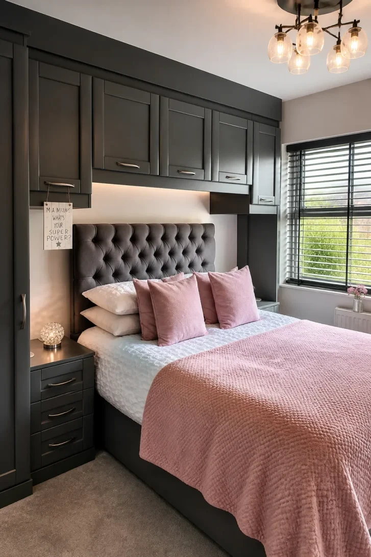 Overhead Cabinetry Wraps the Entire Bed Wall