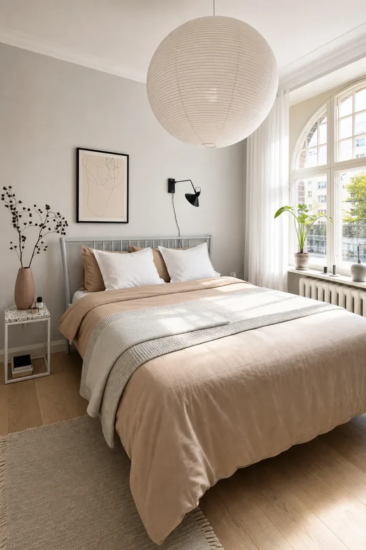 Oversized Paper Lantern Anchors a Soft Grey Sanctuary