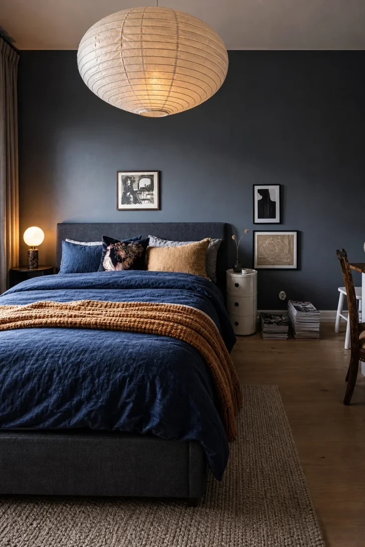 Oversized Paper Lantern Floats Over Deep Navy Linen