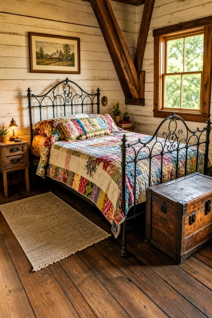 Patchwork Quilt Draped Over Wrought Iron Scrollwork