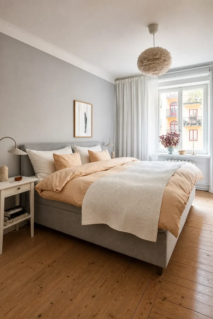 Peachy Linen Against a Grey Upholstered Frame