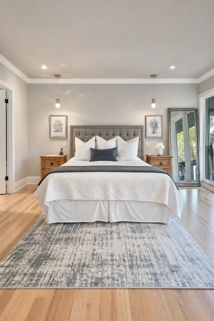 Pendant Lights Flanking a Tufted Grey Headboard