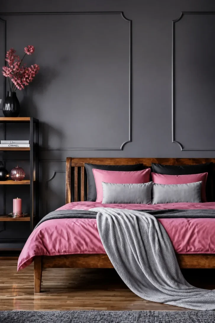 Pink Duvet Against Dark Grey Panelled Wall
